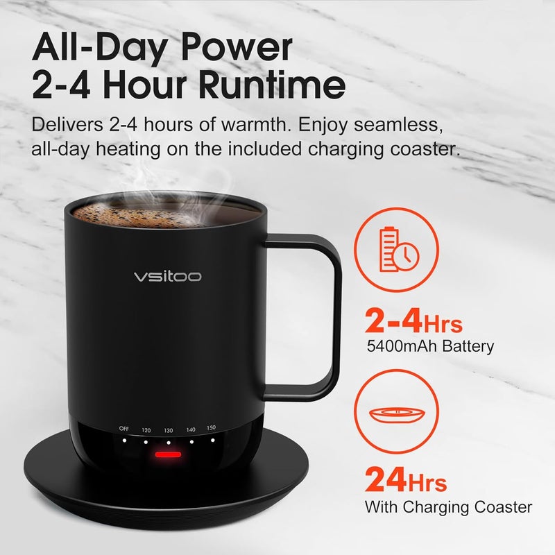 vsitoo S3 Pro 14oz Smart Self Heating Coffee Mug,Heated Coffee Mug with Auto-Sensing AI Heats Drinks to 120-150°F Hands-Free.Perfect for Home/Office,Ideal Gift fo Men/Women, Black - Image 3